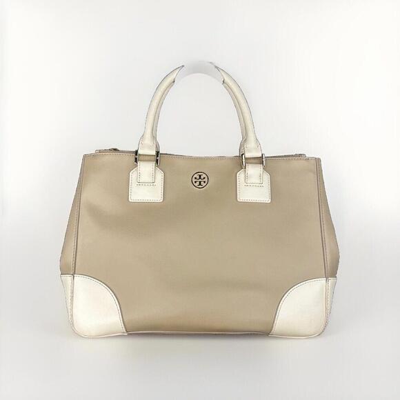 Tory Burch Robinson Tote Saffiano Leather Two Tone Beige Ivory Purse Crossbody - Picture 3 of 16